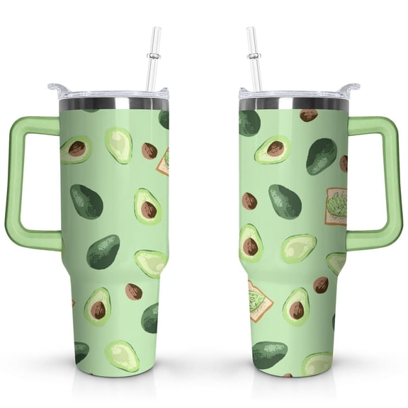 40oz Kawaii Green Avocado Design Stainless Steel Flip Straw Tumbler Spill Proof Travel Cup Double Wall Vacuum Insulated Coffee Mug with Top Handle