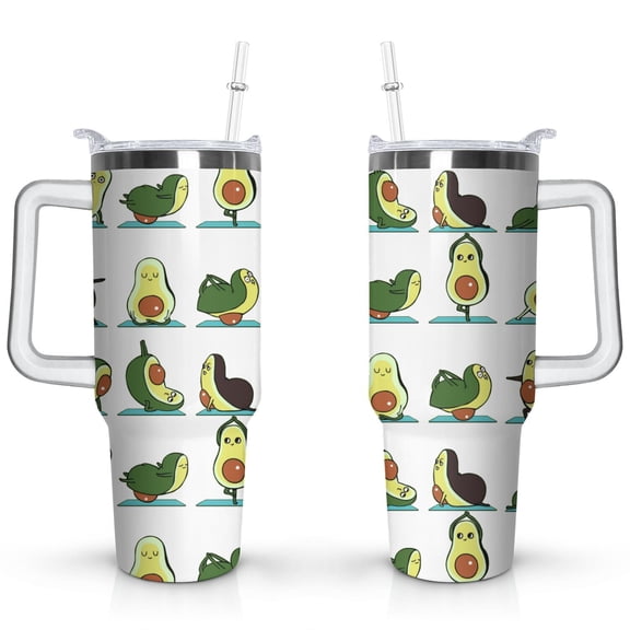 40oz Kawaii Green Avocado Design Stainless Steel Flip Straw Tumbler Spill Proof Travel Cup Double Wall Vacuum Insulated Coffee Mug with Top Handle