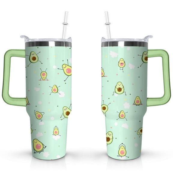 40oz Kawaii Green Avocado Design Stainless Steel Flip Straw Tumbler Spill Proof Travel Cup Double Wall Vacuum Insulated Coffee Mug with Top Handle