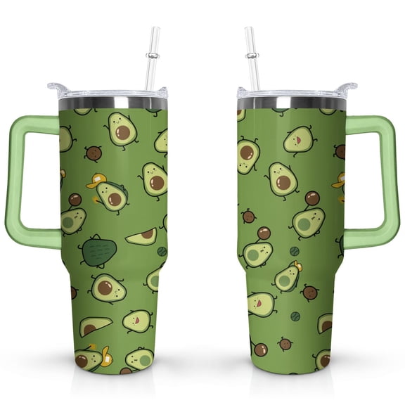 40oz Kawaii Green Avocado Design Stainless Steel Flip Straw Tumbler Spill Proof Travel Cup Double Wall Vacuum Insulated Coffee Mug with Top Handle