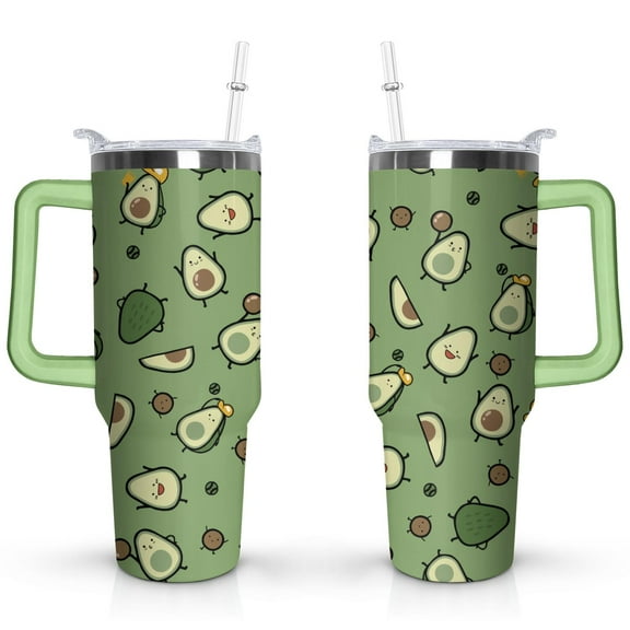40oz Kawaii Green Avocado Design Stainless Steel Flip Straw Tumbler Spill Proof Travel Cup Double Wall Vacuum Insulated Coffee Mug with Top Handle