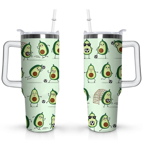 40oz Kawaii Green Avocado Design Stainless Steel Flip Straw Tumbler Spill Proof Travel Cup Double Wall Vacuum Insulated Coffee Mug with Top Handle