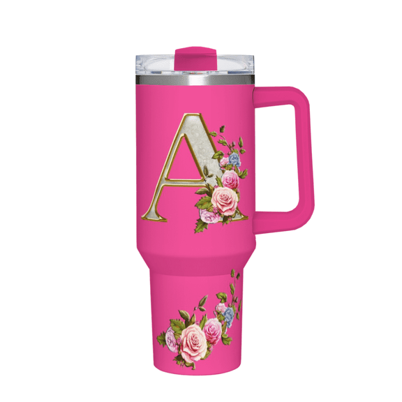 40oz Large Capacity Handle Car Tumbler, A-Z Alphabet Printed Stainless Steel Insulated Travel Cup, Leakproof Reusable Mug for Daily Use & Gifts