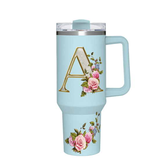 40oz Large Capacity Handle Car Tumbler, A-Z Alphabet Printed Stainless Steel Insulated Travel Cup, Leakproof Reusable Mug for Daily Use & Gifts