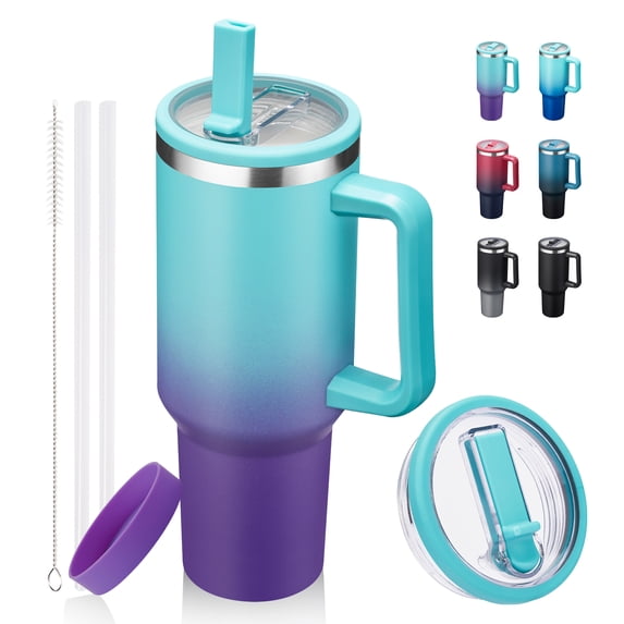 SUNSOC 40 oz Water Bottle with Handle and Flip Straw, Insulated Stainless Steel Tumbler, Leakproof Travel Cup, BPA-Free