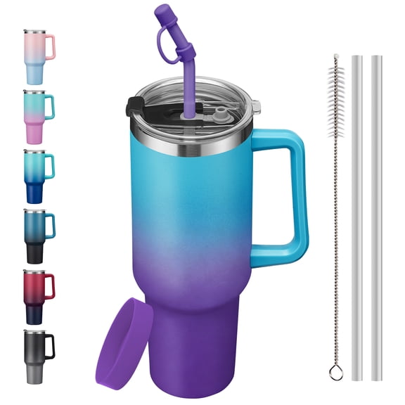40oz Large Stainless Steel Travel Mug with Handle and Straw Lid, Double Wall Vacuum Insulated Tumbler, Leakproof, Reusable Coffee Cup for Home, Office & Car