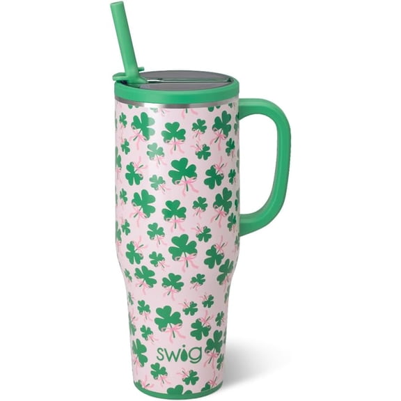 40oz Leak Proof Mega Mug, 40oz Leak Proof Tumbler with Handle and Straw, Extra Large Insulated Tumblers, Cup Holder Friendly Travel Mug, Reusable Leakproof Water Bottle (Clover Crush)