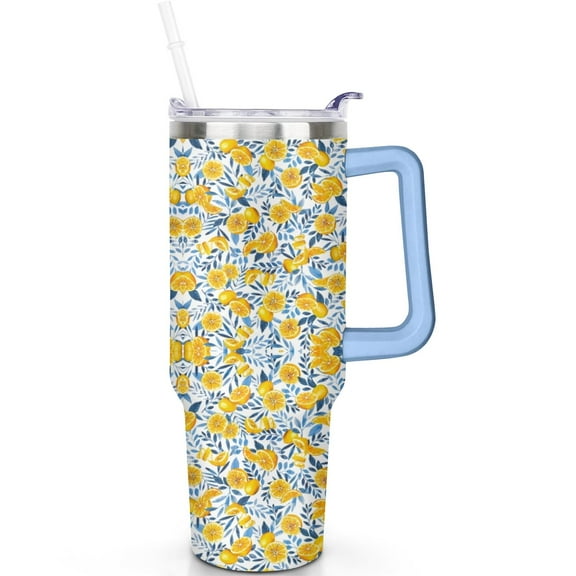 40oz Lemon Tumbler Handle & Spill Proof Lid 40 oz Lemon Theme Tumbler with Straw Double Insulated Travel Coffee Cup Lemon Gifts for Men Women