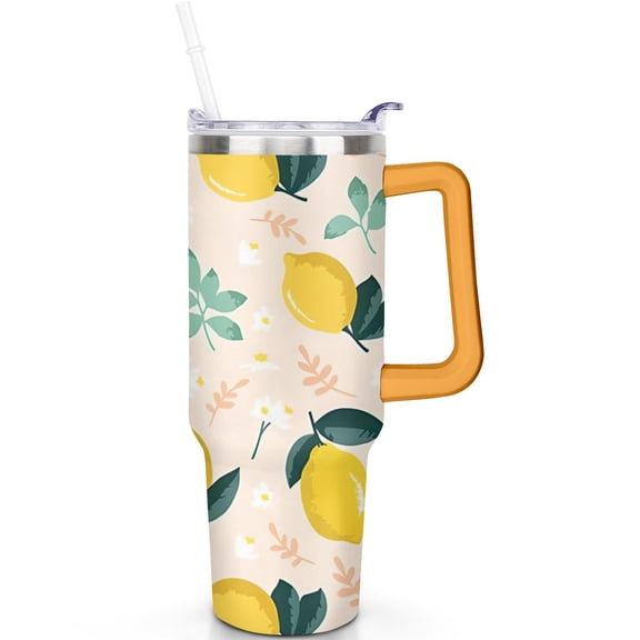 40oz Lemon Tumbler with Spill Proof Lid Handle 40 oz Lemon Theme Tumbler with Straw Double Insulated Travel Coffee Cup Lemon Gifts for Men Women