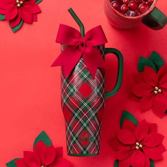 40oz Mega Mug, 40oz Tumbler with Handle and Straw, Extra Large Insulated Tumblers, Cup Holder Friendly Travel Mug (Christmas Plaid)