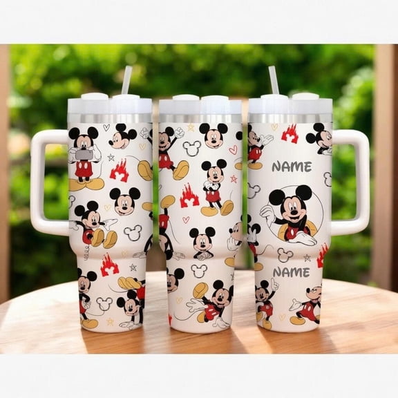 40oz Mickey Mouse Tumbler with Handle - Classic Mickey Collage Cup, Cartoon Mouse Insulated Travel Mug, Name Gift for Fans