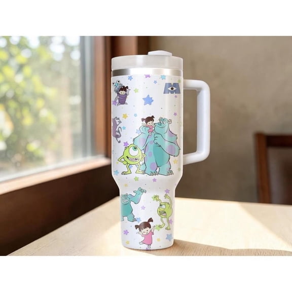 40oz Monsters Inc Tumbler with Handle - Sully Mike Wazowski Boo Collage Cup, Pixar Monster Friends Insulated Travel Mug, Fun Gift for Fans