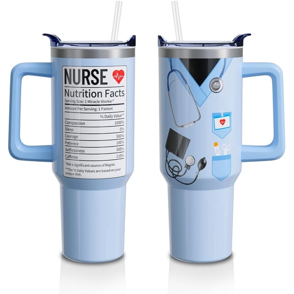 40oz Nurse Gift Tumbler with Handle & Straw - Insulated Stainless Steel Water Bottle, Blue - Appreciation Gifts for Nursing Graduation, Nurse Week (Practitioner, RN, Student)