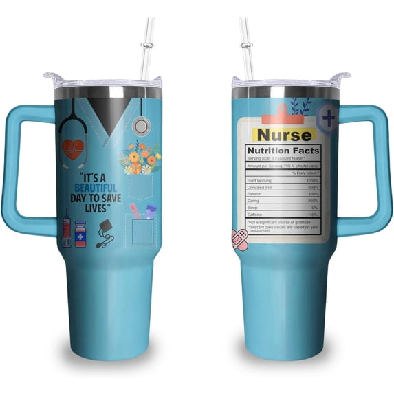 40oz Nurse Tumbler with Handle and Straw, Practitioner Insulated Stainless Steel Cup, Nurses Week Travel Coffee Mug Water Bottle, Appreciation Gifts for Women Men