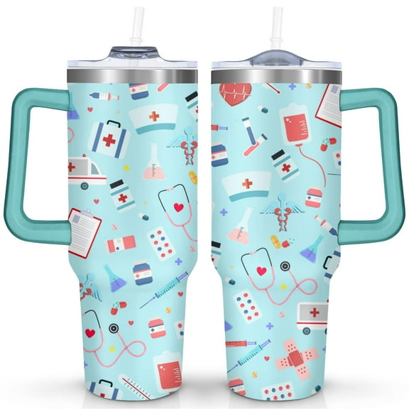 40oz Nurse Tumbler with Handle & Straw - Insulated Stainless Steel Travel Mug,Leakproof,Cup Holder Friendly,Dishwasher Safe,for Hot/Cold Drinks.