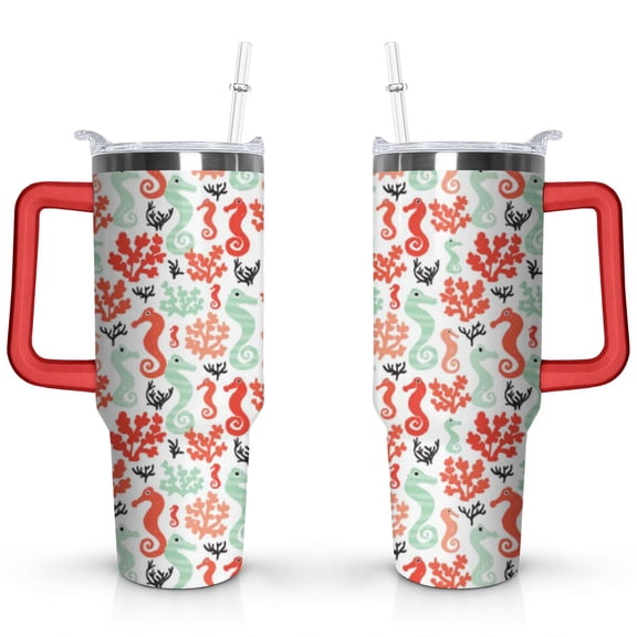 40oz Ocean Cute SeaHorse Stainless Steel Flip Straw Tumbler Spill Proof Travel Cup Double Wall Vacuum Insulated Coffee Mug with Top Handle