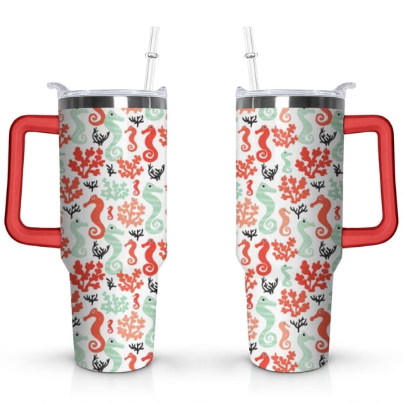40oz Ocean Cute SeaHorse Stainless Steel Flip Straw Tumbler Spill Proof Travel Cup Double Wall Vacuum Insulated Coffee Mug with Top Handle