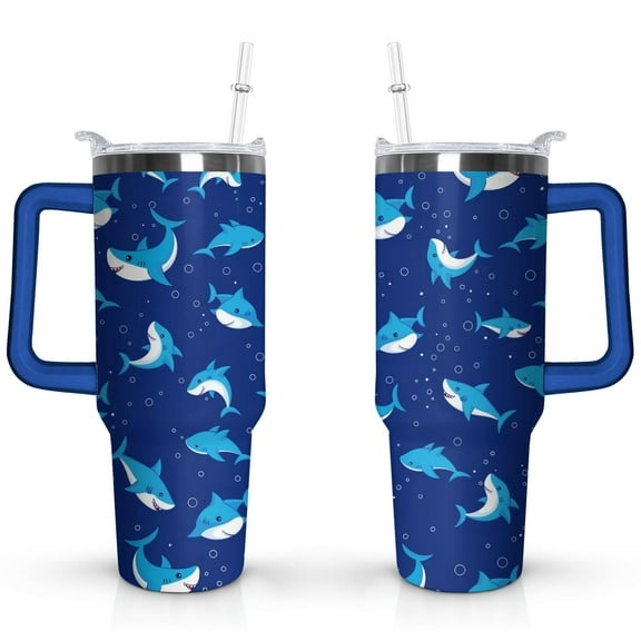 40oz Ocean Cute Shark Stainless Steel Flip Straw Tumbler Spill Proof Travel Cup Double Wall Vacuum Insulated Coffee Mug with Top Handle