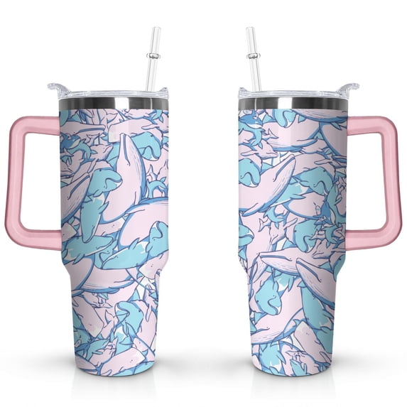 40oz Ocean Cute Shark Stainless Steel Flip Straw Tumbler Spill Proof Travel Cup Double Wall Vacuum Insulated Coffee Mug with Top Handle