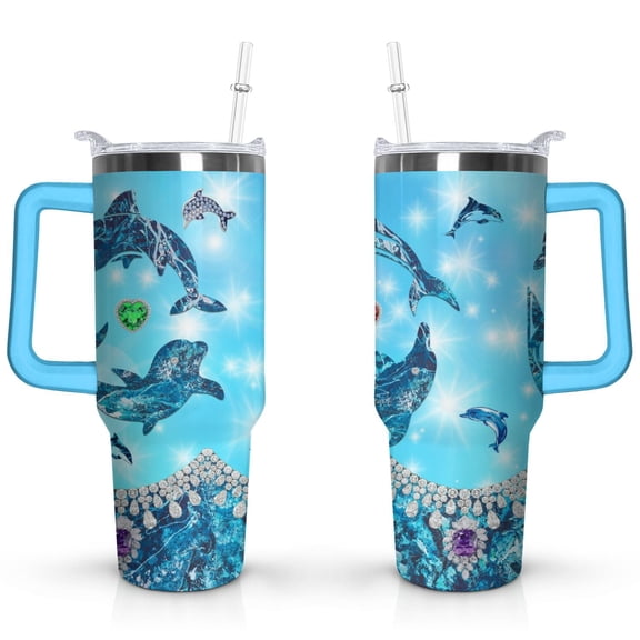 40oz Ocean Cute Shark Stainless Steel Flip Straw Tumbler Spill Proof Travel Cup Double Wall Vacuum Insulated Coffee Mug with Top Handle