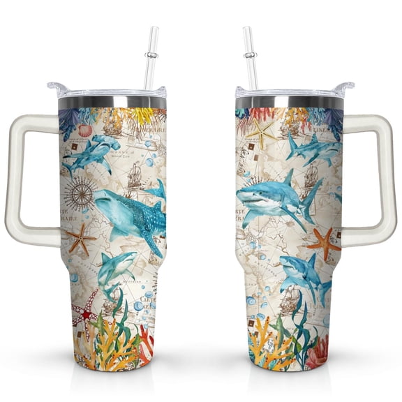 40oz Ocean Cute Shark Stainless Steel Flip Straw Tumbler Spill Proof Travel Cup Double Wall Vacuum Insulated Coffee Mug with Top Handle