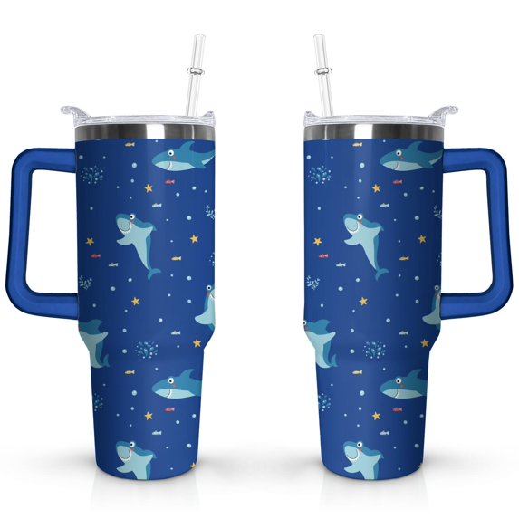 40oz Ocean Cute Shark Stainless Steel Flip Straw Tumbler Spill Proof Travel Cup Double Wall Vacuum Insulated Coffee Mug with Top Handle