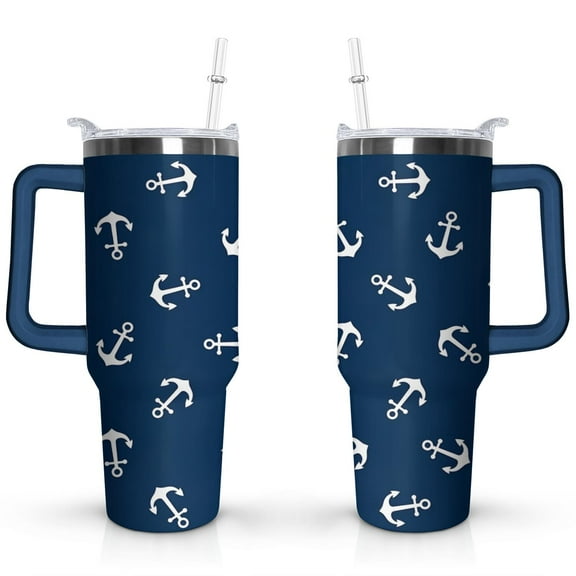 40oz Ocean Nautical Anchor Stainless Steel Flip Straw Tumbler Spill Proof Travel Cup Double Wall Vacuum Insulated Coffee Mug with Top Handle