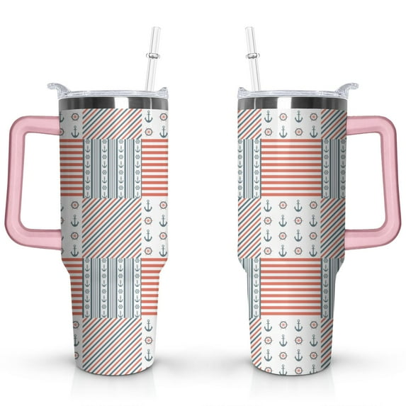 40oz Ocean Nautical Anchor Stainless Steel Flip Straw Tumbler Spill Proof Travel Cup Double Wall Vacuum Insulated Coffee Mug with Top Handle