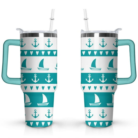 40oz Ocean Nautical Anchor Stainless Steel Flip Straw Tumbler Spill Proof Travel Cup Double Wall Vacuum Insulated Coffee Mug with Top Handle
