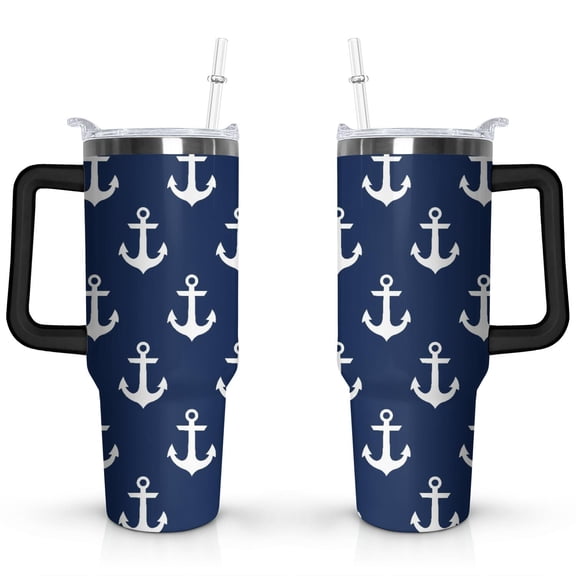 40oz Ocean Nautical Anchor Stainless Steel Flip Straw Tumbler Spill Proof Travel Cup Double Wall Vacuum Insulated Coffee Mug with Top Handle