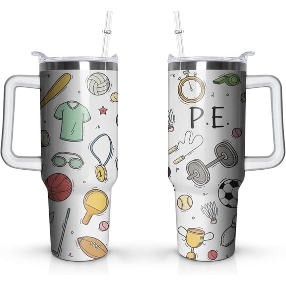 40oz PE Teacher Gifts Tumbler with Handle and Straw, Physical Education Stainless Steel Insulated Cup with Lid, Sports Travel Coffee Mug Water Bottle, Birthday Gifts for Women Men
