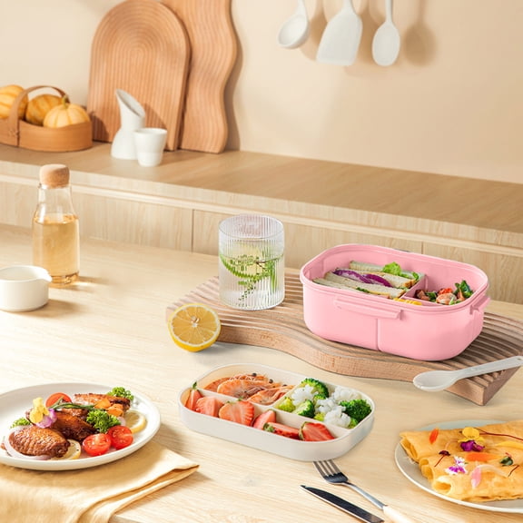 40oz PP Plastic Adult Bento Lunch Box With 3 Compartments Cutlery Set Leakproof Microwave Safe For Work Picnic Travel Pink