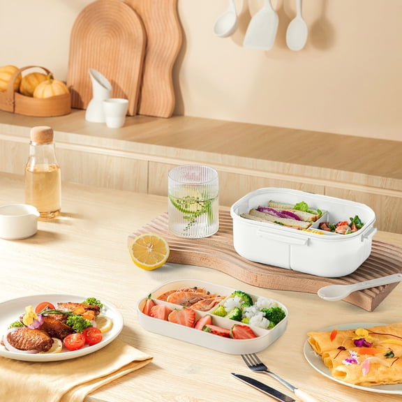 40oz PP Plastic Adult Bento Lunch Box With 3 Compartments Cutlery Set Leakproof Microwave Safe For Work Picnic Travel White