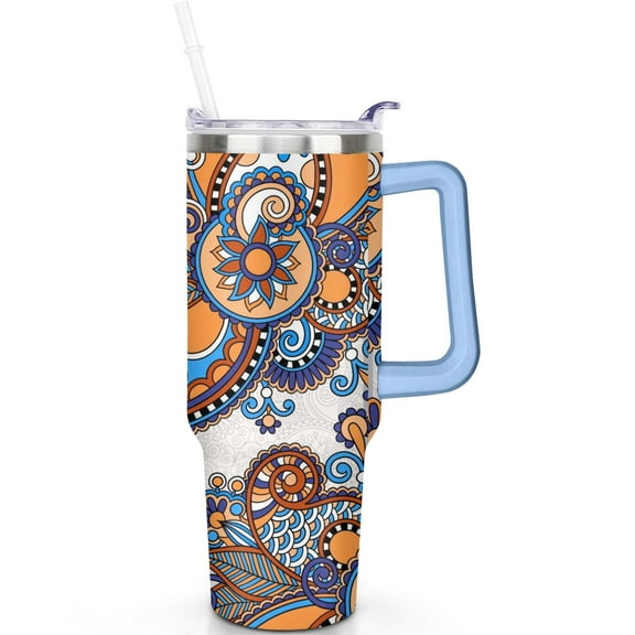 40oz Paisley Stainless Steel Travel Mug with Handle, Flip Straw Lid Leak Proof Vacuum Insulated Tumbler Gift for Him Her