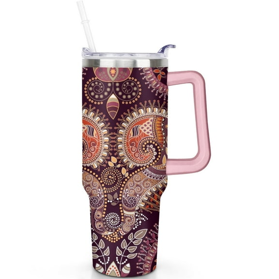 40oz Paisley Stainless Steel Tumbler with Flip Straw Lid Handle, Leak Proof Vacuum Insulated Travel Mug Gift for Men Women