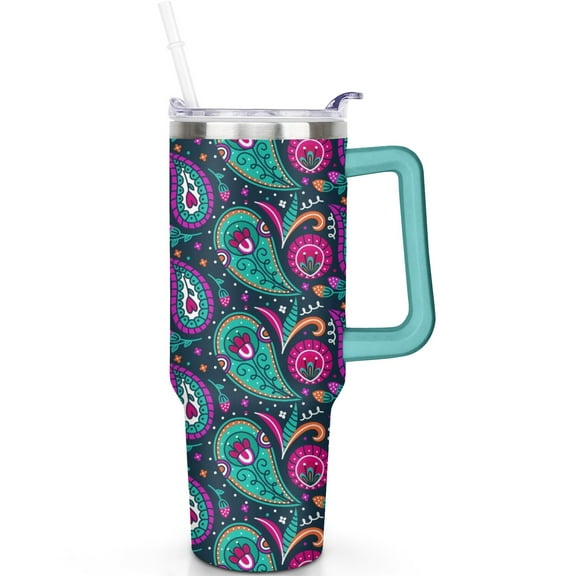 40oz Paisley Travel Tumbler Stainless Steel with Handle, Leak Proof Vacuum Insulated Flip Straw Lid Mug Gift for Him Her