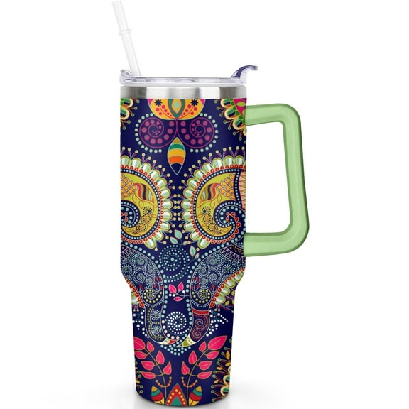 40oz Paisley Tumbler Hot Cold Preservation, Leak Proof Stainless Steel Vacuum Insulated Travel Mug with Flip Straw Lid and Handle