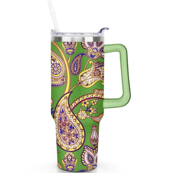40oz Paisley Tumbler Hot Cold Preservation, Leak Proof Stainless Steel Vacuum Insulated Travel Mug with Flip Straw Lid and Handle
