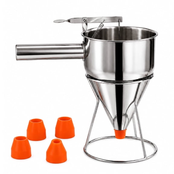 40 oz Stainless Steel Pancake Batter Dispenser, Manual Batter Funnel with Press Handle and 4 Nozzle Sizes for Pancakes, Cupcakes and Cake Batter