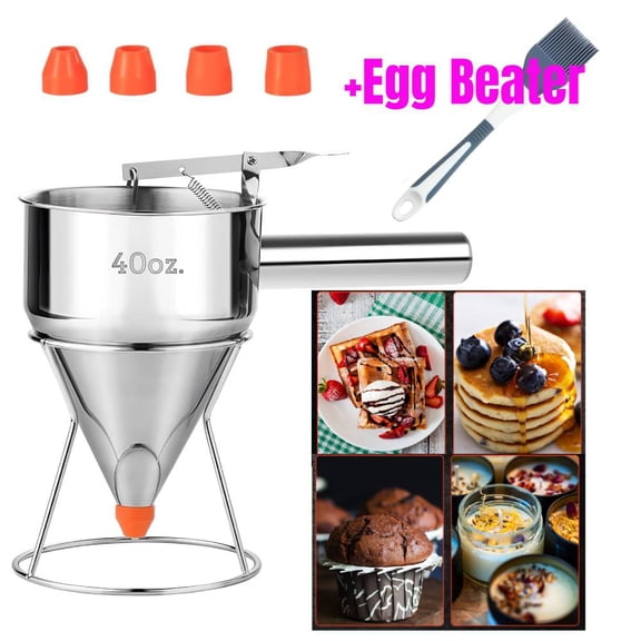 40oz Pancake Batter Dispenser, Stainless Steel 4 Caliber Funnel Cake Dispenser with Stand Great for Pancakes, Cupcakes and Baked Goods