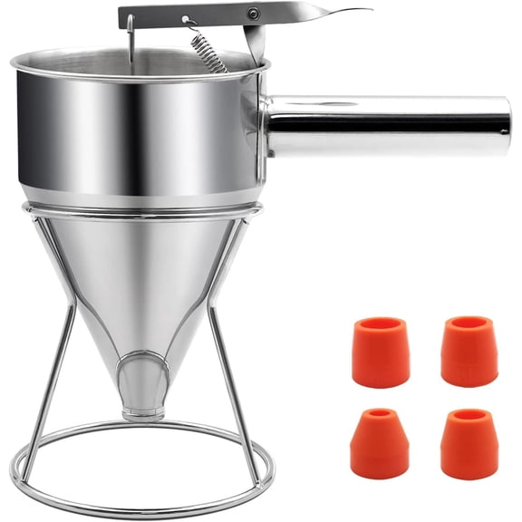 40oz Pancake Batter Dispenser, Stainless Steel Funnel Cake Dispenser with Stand Heavy Duty Baking Tool for Cupcake Waffles Cakes, Caliber: 0.31"/0."/0.55"/0.67"