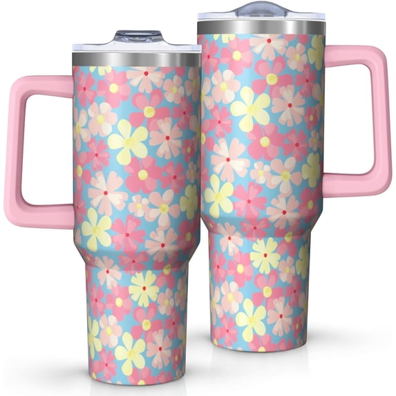40oz Pastel Floral Tumbler with Handle, Cute Daisy Flower Insulated ...
