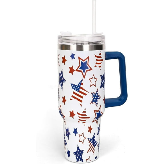 40oz Patriotic Stars Stripes Tumbler with Handle Straw and Lid 4th of July Travel Tumbler Independence Day Coffee Cup for Holiday Birthday Party Favors