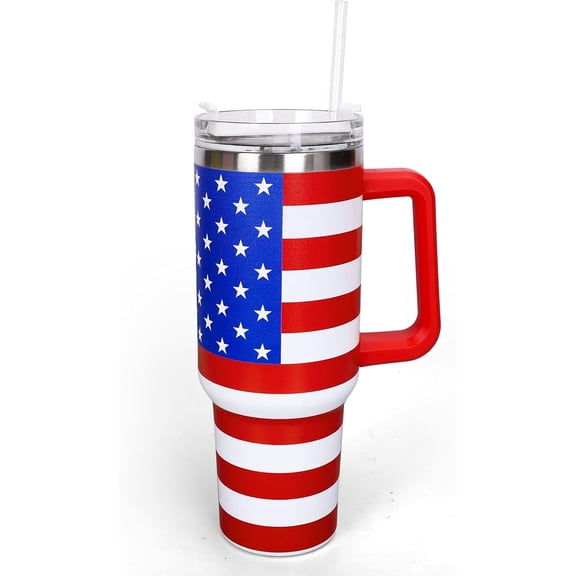 40oz Patriotic Tumbler with Handle Straw and Lid 4th of July Red Blue Stars Stripes USA Flag Travel Tumbler Independence Day Coffee Cup for Holiday Birthday Party Favors