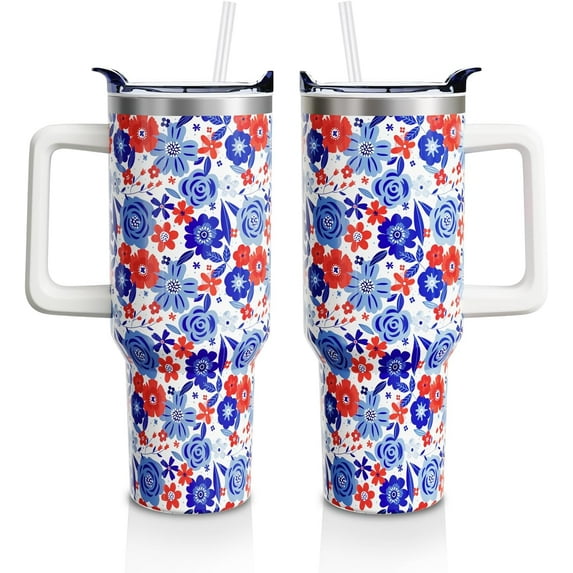 40oz Patriotic Tumbler with Handle, Straw & Lid - Red and Blue Floral Stainless Steel Insulated Water Bottle - 4th of July Gifts for Women and Men