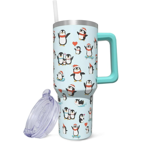 40oz Penguin Tumbler with Handle, Straw & Leak-Proof Lid - Double-Wall Insulated Stainless Steel Reusable Cold/Hot Mug - Gift for Women