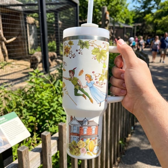 40oz Peter Pan & Tinker Bell Tumbler with Handle - Neverland Fairy Floral Cup, Magical Adventure Insulated Travel Mug, Enchanted Gift for Her