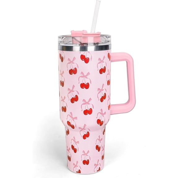 40oz Pink Bow Cherry Tumbler with Handle Straw and Lid Coquette Bowknot Cherries Travel Tumbler Coffee Cup for Women Friend Holiday Birthday