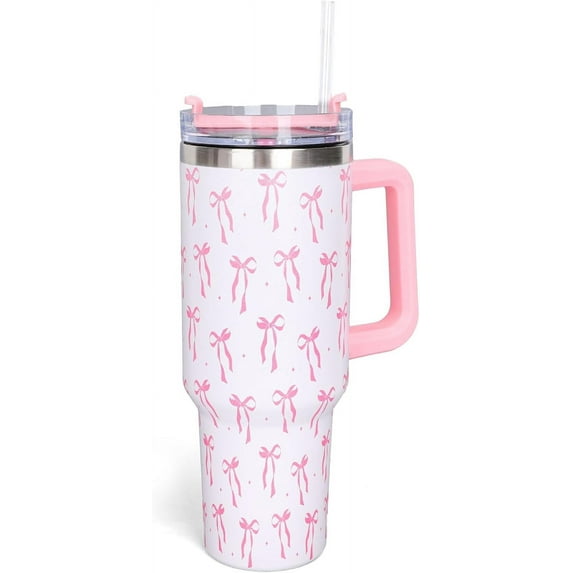 40oz Pink Bow Tumbler with Handle Straw and Lid Bow-Knot Travel Coffee Tumbler Cup for Women Friend Holiday Birthday Gift