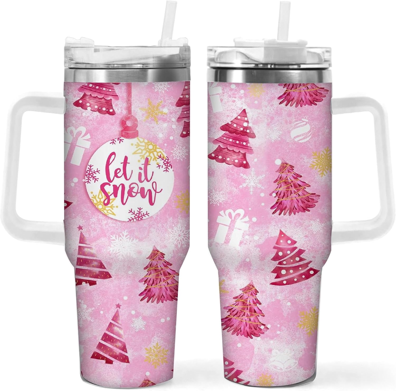 40oz Pink Christmas Tree Tumbler - Stainless Steel Insulated Mug with Handle and Straw, Christmas Gift for Women & Girls